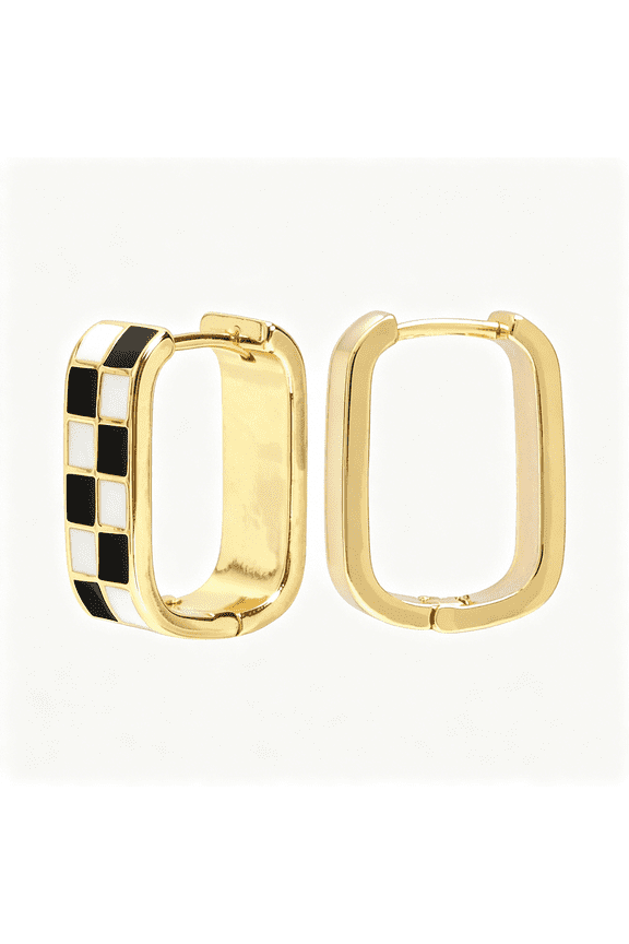 Dainty Checkered Hoop Earrings Set,18K Gold Filled Enamel Oval Hoop Earrings,For Women Checker Chunky Oval Hoop Earrings,Hypoallergenic Earrings