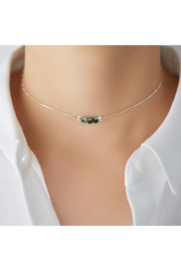 Dainty Crystal 925 Sterling Silver Choker Collar Necklace Handmade with 3 Beads Birthstone Jewelry Gifts for Women Young Lady Mother Friends Handmade Gift Jade Necklace