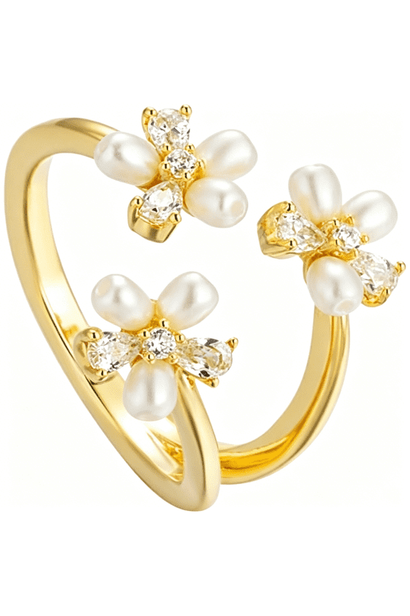 Dainty Flower Ring for Women Sparkling Cubic Zirconia Daisy Open Statement Rings Pearl Chic Engagement Promise Ring Wrap Finger Band