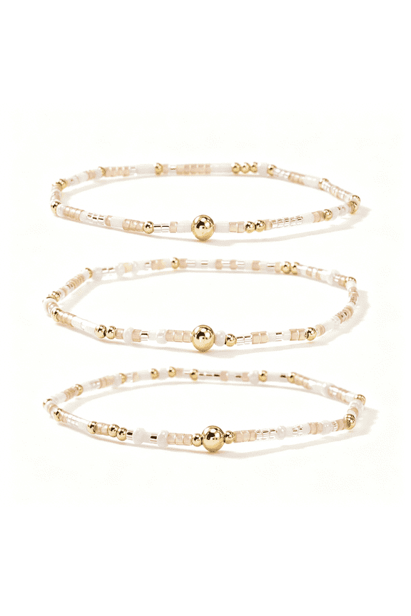 Dainty Gold Plated Tiny Ball Colorful Rice Beaded Stack Bracelets Sets for Women,3Pcs Stackable Small Beads Cute Bracelet Stretch Trendy Ball Jewelry Friendship Gift