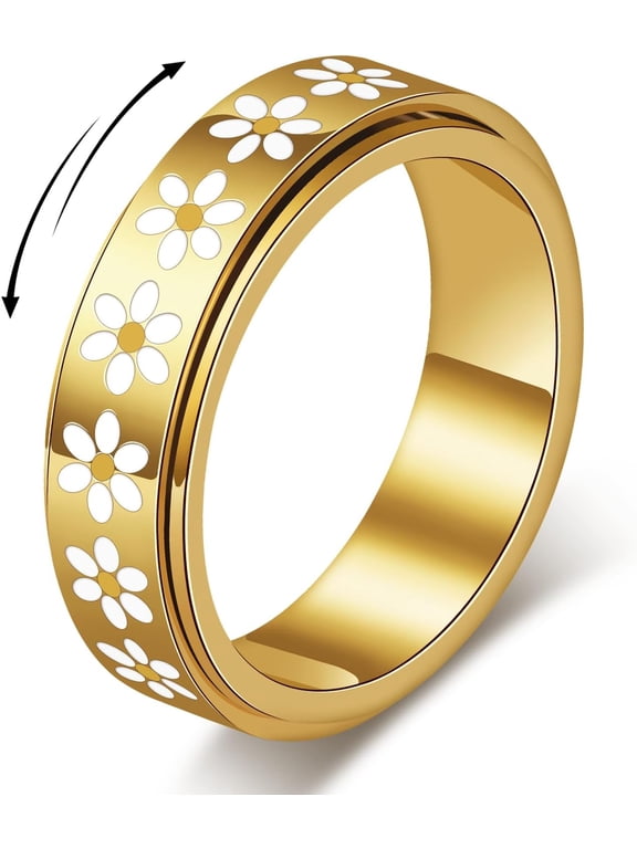 Daisy Fidget Ring for Anxiety Relief-18K Gold Plated Spinner Band for Stress Relief,Stainless Steel Statement Flower Ring for Women,Thoughtful Gift for Birthday ValentineS Day,Size 6-10