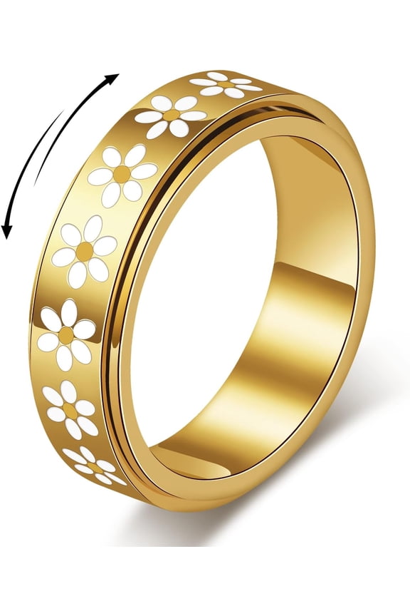 Daisy Fidget Ring for Anxiety Relief-18K Gold Plated Spinner Band for Stress Relief,Stainless Steel Statement Flower Ring for Women,Thoughtful Gift for Birthday ValentineS Day,Size 6-10