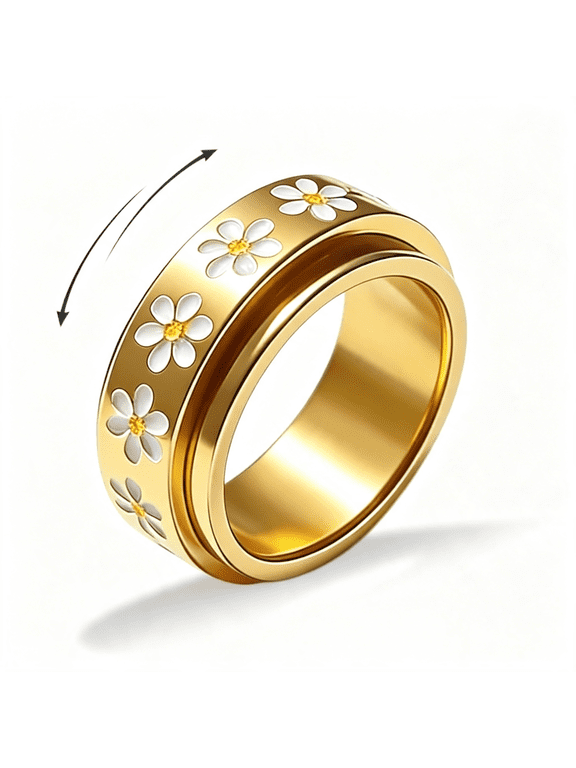 Daisy Fidget Ring for Women Stainless Steel Flower Statement Ring for Anxiety Relief Gold Spinner Band Ring Thoughtful Jewelry Gift Adjustable Rings for Women
