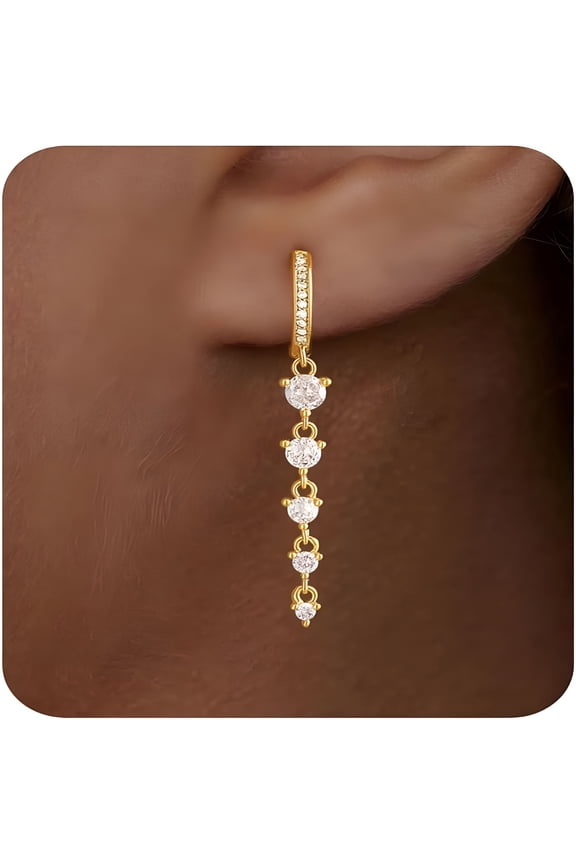 Dangle Earrings For Women Trendy 14K Gold Plated CZ Drop Silver Long Dangling Dainty Simple Hanging Jewelry