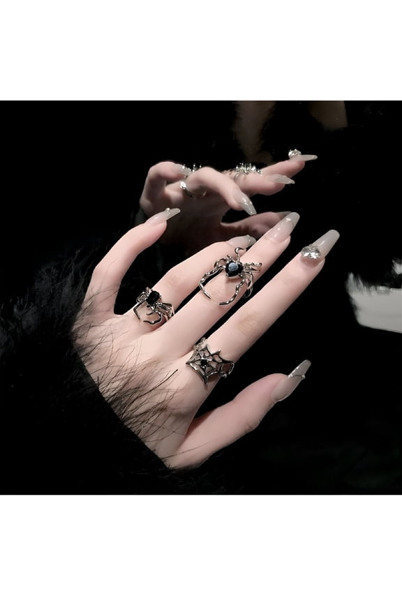 Dark Gothic Spider Ring Set for Women - Vintage Black Adjustable Open Rings 3pcs
