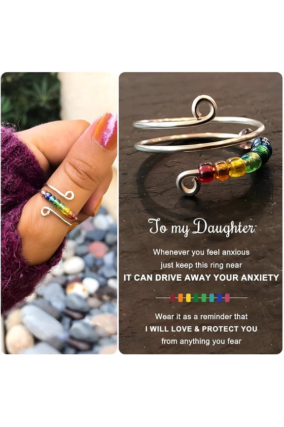 To My Daughter Fidget Ring for Anxiety, Fidget Rings for Anxiety for Women, Adjustable Stacking Anxiety Relief Rainbow Fidget Ring Jewelry Gifts (Rainbow)