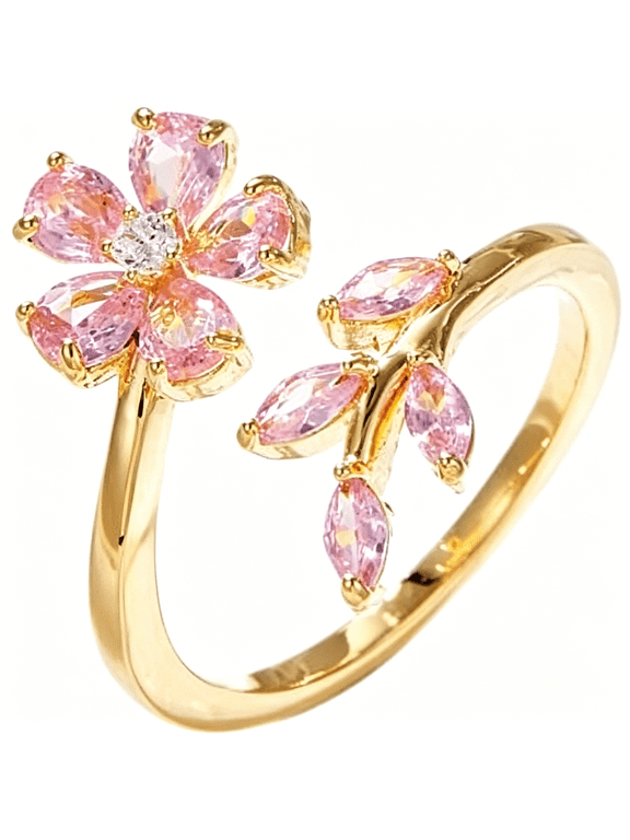 Delicate Flower Leaf Wrap Finger Ring for Women Pink Cubic Zirconia Crystal Floral Statement Ring Promise Engagement Rings Adjustable Open Band