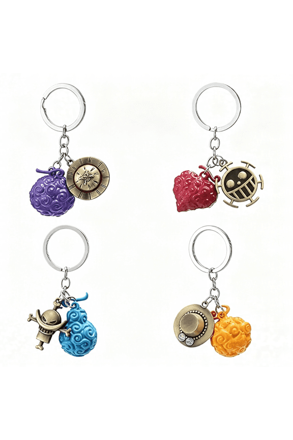 Devil Fruit Keychain 4Pcs Set,Anime One Luffy Piece Trafalgar Law Ace Zoro Zinc Alloy Keyrings Pendants Gift Set (01 4Pcs Devil Fruit) Anime Merch Anime Keychains