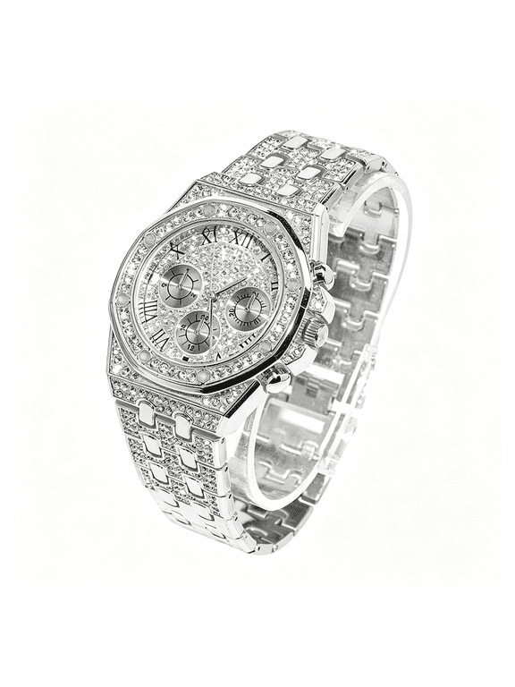 Diamond Iced Out Watch Cz Gold Plated 40Mm Width Roman Numerals Dial Quartz Wristband Watch for Men Women Analog Watch Men