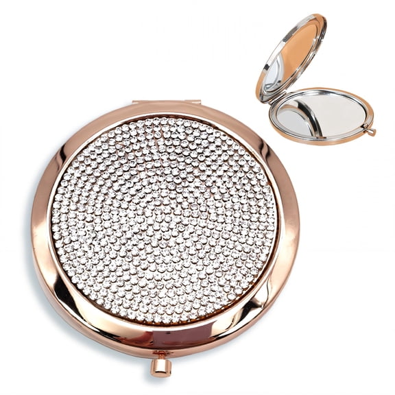 DESIGNICE Diamond Studded Compact Mirror, Dual Sided Magnifying Pocket Mirror, Round Foldable Makeup Mirror with Rhinestones for Purse, Travel, and Daily Glamour Touch Ups