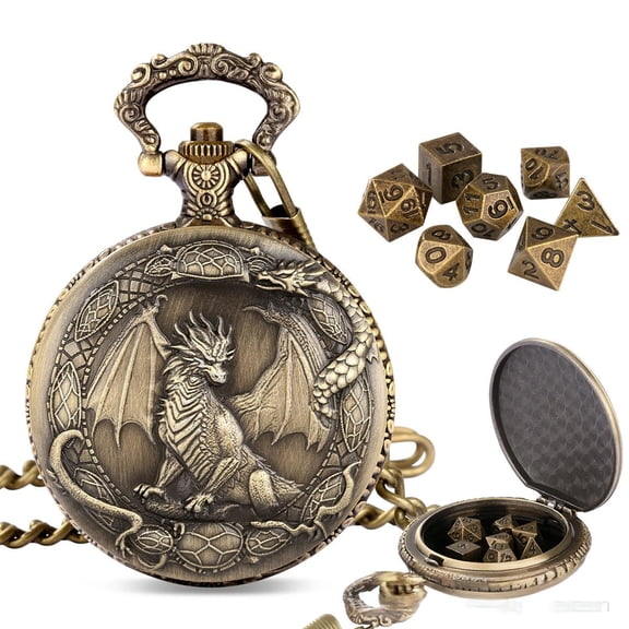 DESIGNICE Dice Set with Dragon Pocket Watch Case,7Pcs Metal Dice Set,Mini Dice with Pocket Watch Case,Role Playing Board Games Accessories (Gold)