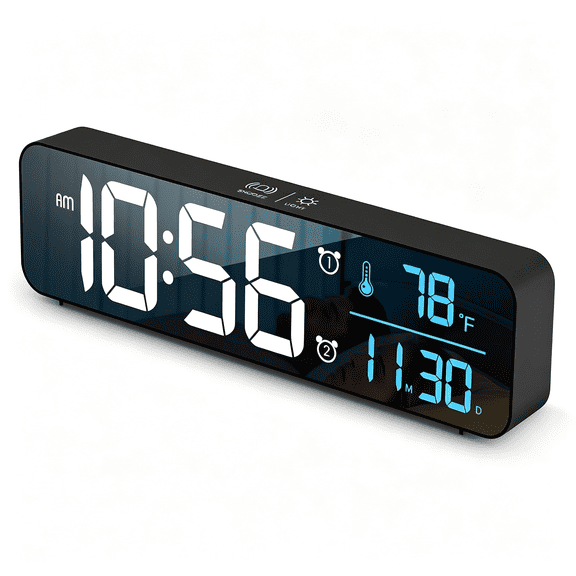 DESIGNICE Digital Clock for Bedroom, Clocks for Living Room Decor, Desk Table Clock, Alarm Clock Large Display with Date Week Temperature, Automatic Brightness Dimmer, Smart Cool Modern (Black Blue)