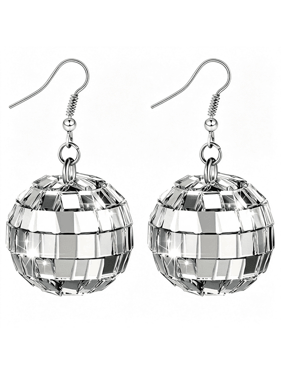 Disco Ball Earrings for Women Silver Punk Disco Mirrorball Earrings 70S Outfits Dance Party Costume Accessories Jewelry Gifts Silver Disco Ball Earrings