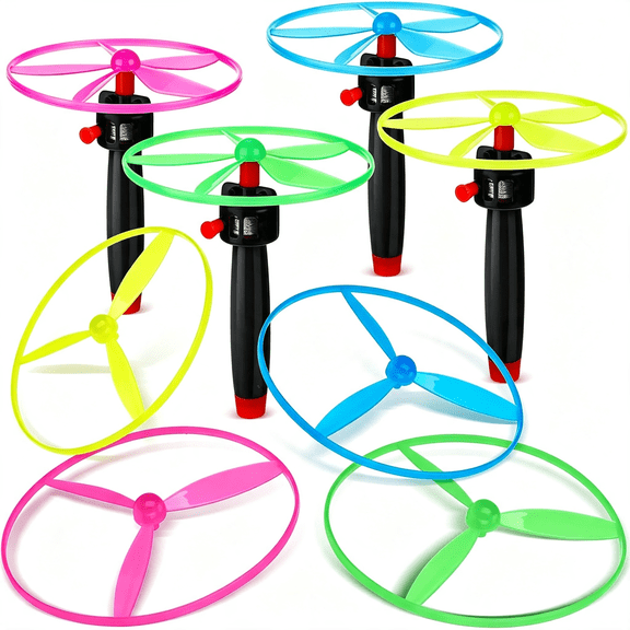 DESIGNICE Disk Helicopter Toy Disco Flyers Include 12 String Launchers and 24 Flying Saucer Disk Launcher Toy Fly Toys for Outdoor Activity Little Teens Birthday Party Favors(36 Pcs)