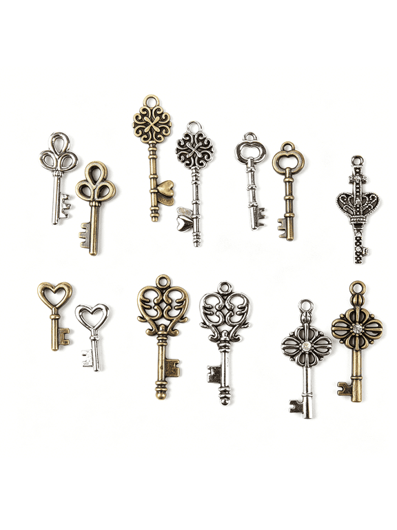 Diy Antique Keys Bulk Charm Assortment,50 Piece Charms for Jewelry Making,Silver/Gold Metal,Unisex