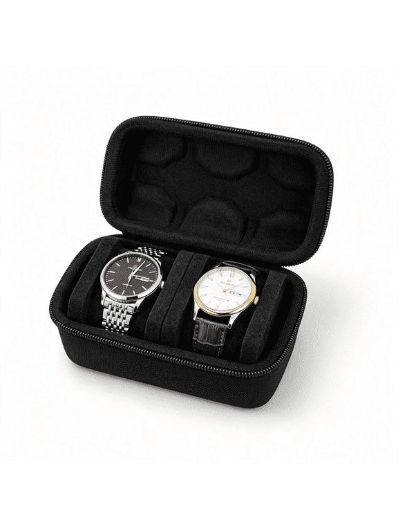 Double Watch Travel Case Hard Shell Watch Storage Box for 2 Watches,Portable Zipper Watch Organizer with Soft Foam Interior,Black,Portable Zipper Watch Organizer Watch Travel Case