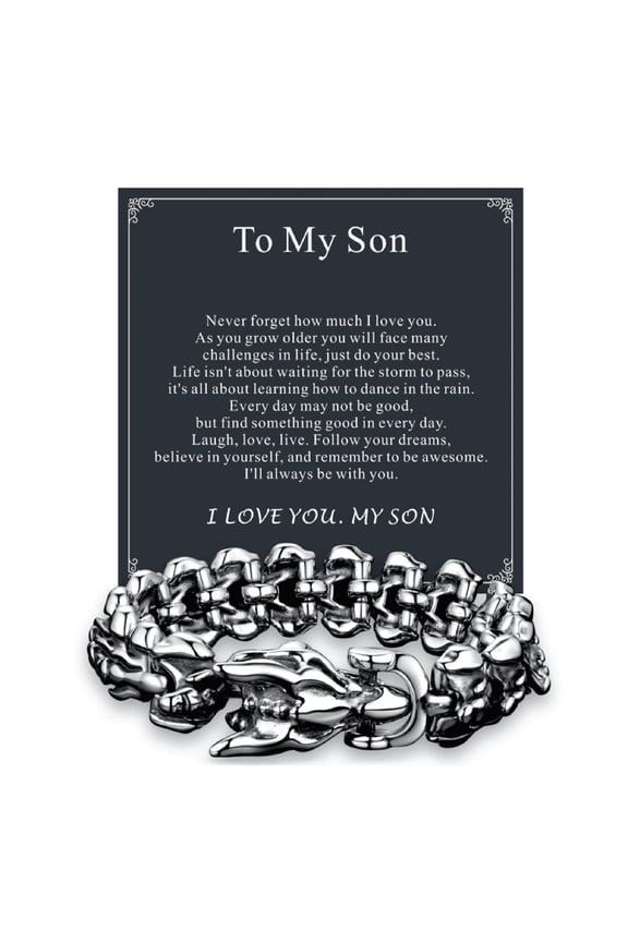 Dragon Bracelet for Men,Vintage Silver Stainless Steel Punk Curb Link Chain Bracelet Fashion Jewelry Gift for Son Birthday Christmas Graduation 19Mm