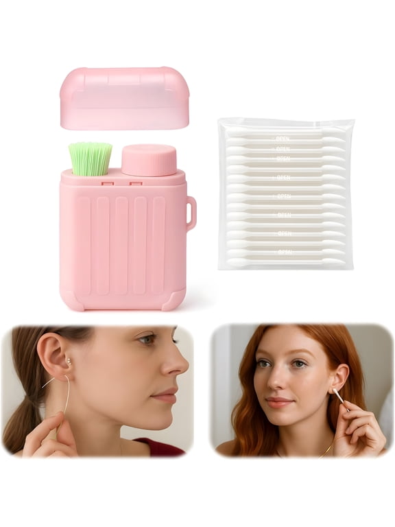 Ear Piercing Cleaner,Ear Piercing Cleaning Kit,Earring Hole Piercing Aftercare Cleaning Tool Set with 240Pcs Disposable Ear Piercing Cleaner Floss,50Pcs Cotton Swabs for Girl Women Men,Pink
