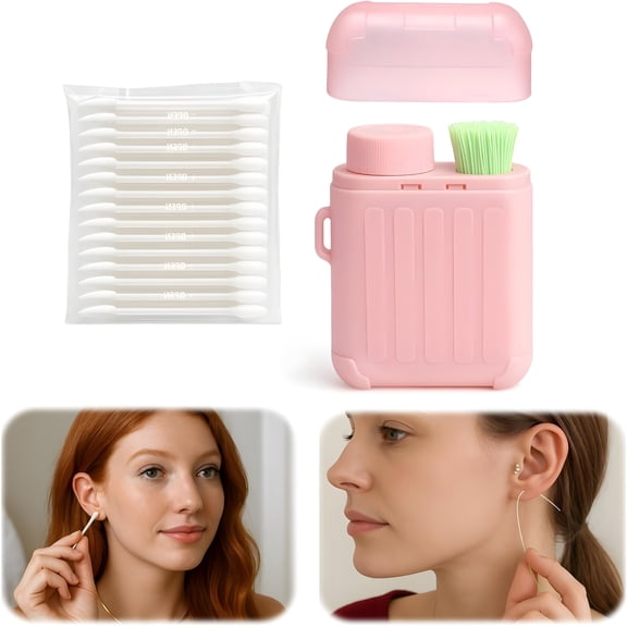 DESIGNICE Ear Piercing Cleaning Kit With 240Pcs Disposable Floss And 50Pcs Cotton Swabs Earring Hole Aftercare Care Tool For Women Men Pink