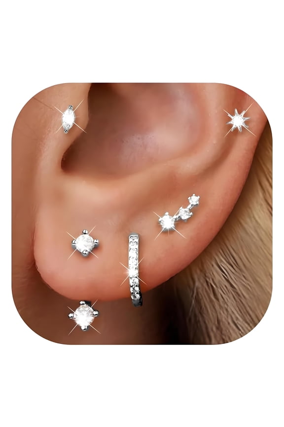 Earring Set,Diamond Earring Sets for Women,Simple Elegant Earrings Studs Hypoallergenic Earrings for Women,5Pcs,Silver