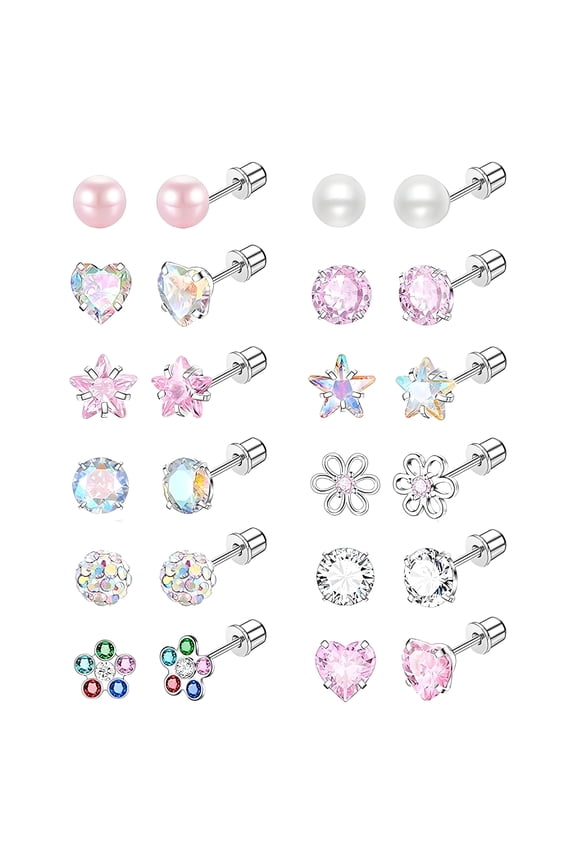 Earring Sets,Stainless Steel Earring Sets for Women,Five-Pointed Star Heart Inlaid with Zircon Hypoallergenic Earrings for Women Cute Earrings,12Pairs