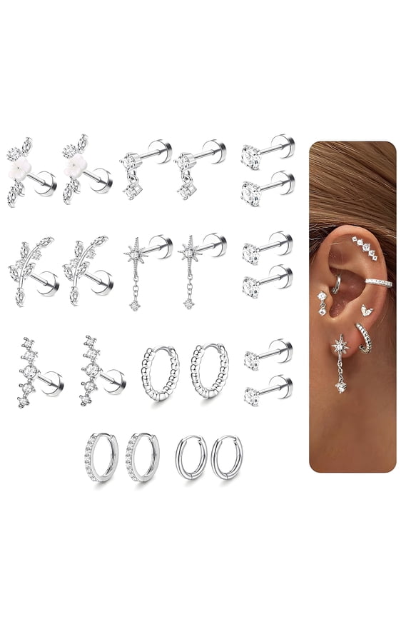 Earring Sets,Stainless Steel Earring Sets for Women,Diamond Hypoallergenic Earrings Small Earrings for Women,12Pairs,Silver