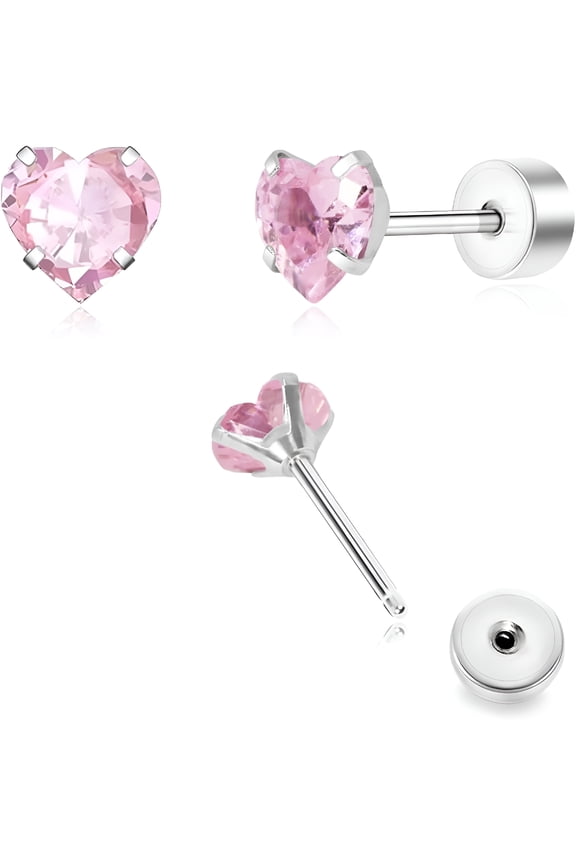 Earrings for Women Push-In Titanium Hypoallergenic Threadless Flat Back Earrings for Women Sensitive Ears Cartilage Cute Small Pearl Star Flower Heart Pink Cubic Zirconia Studs