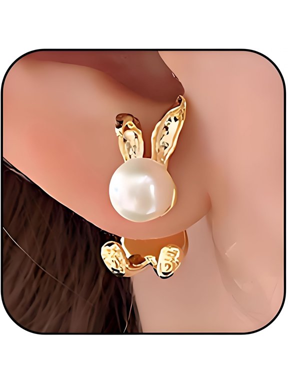 Easter Bunny Stud Earrings for Women,Cute Faux Pearl Rabbit Ear Jacket