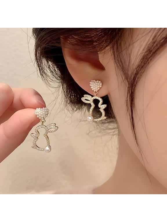 Easter Rabbit Earrings Pearl Rhinestone Bunny Dangle Drop Earrings Jewelry
