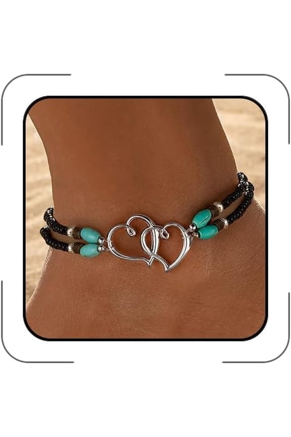 Elastic Beaded Ankle Bracelets for Women Double Heart Layered Stretch Ankle Bracelets Waterproof Dainty Boho Beaded Anklets for Summer Beach Foot Jewelry