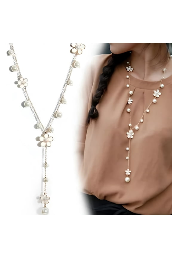 Elegant Pearls Flower Sweater Chain Long Necklace Long Pearl Necklaces for Women