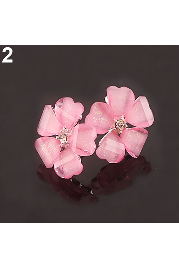 Elegant Women Silver Plated Flower Rhinestone Ear Stud Earrings Jewelry Pink