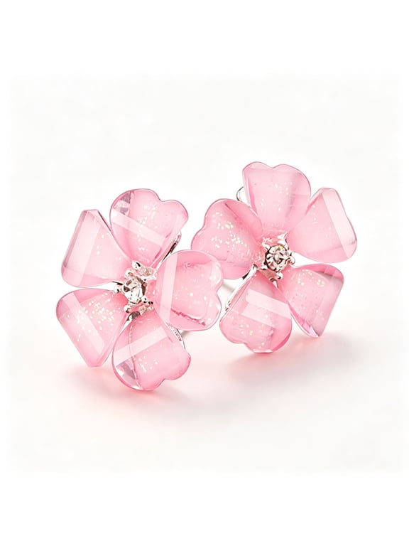 Elegant Women Silver Plated Flower Rhinestone Ear Stud Earrings Jewelry Pink