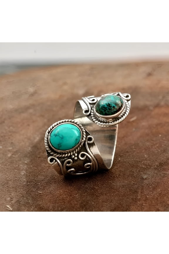 Ethnic Carved Floral Inlaid Synthetic Turquoise Open End Rings for Men Women Bohemian Jewelry Holiday Party Accessories
