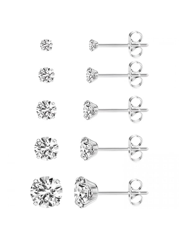 Extra Long Post Earrings for Women, 5 Pairs Hypoallergenic 316L Stainless Steel Stud Earrings, 3-8Mm Cubic Zirconia Ear Piercing Studs for Sensitive Ears