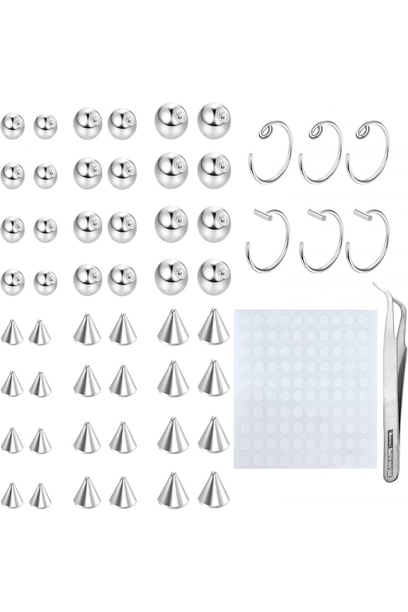 Fake Eyebrow Ring Fake Lip Labret Studs Replacement Balls Spike with 100Pcs Sticker Non-Piercing Nose Rings Hoop Body Jewelry Skin 3Mm 4Mm 5Mm(Silver)