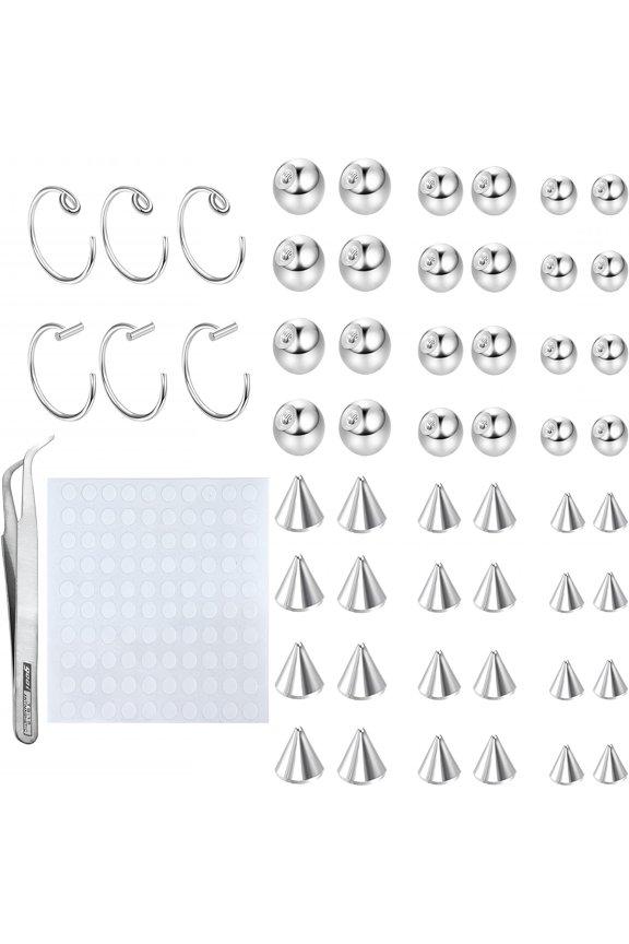 Fake Eyebrow Ring Fake Lip Labret Studs Replacement Balls Spike with 100Pcs Sticker Non-Piercing Nose Rings Hoop Body Jewelry Skin 3Mm 4Mm 5Mm(Silver)
