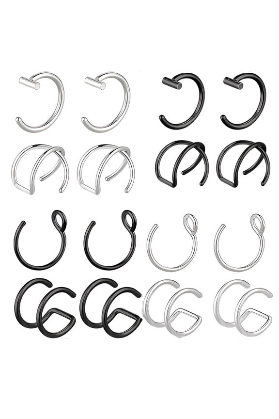 Fake Lip Piercing,Fake Lip Ring,Fake Nose Ring,Fake Nose Piercing,Faux Lip Rings,Fake Snake Bite Piercing,Clip-On Non-Piercing Double Cartilage Helix Earrings,Ear Cuff for Women Men - 12Pcs
