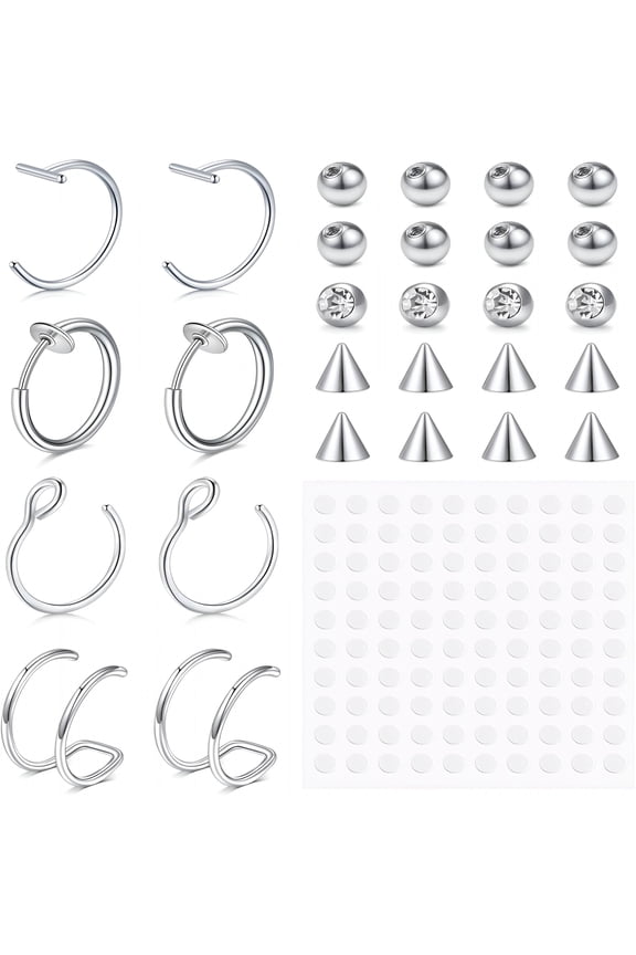 Fake Nose Ring Fake Lip Piercing Non Piercing Lip Ring Hoop Stick on Snake Bites Faux Eyebrow Piercings Clip on Earring Cuffs Small Earring Hoop