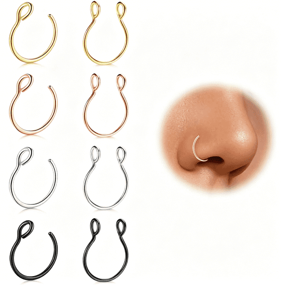 DESIGNICE Fake Nose S 8Pcs,Clip Nose No Piercing,Faux Septum Nose S for Beginners,Adjustable 20G,Black Gold Rose Gold Silver
