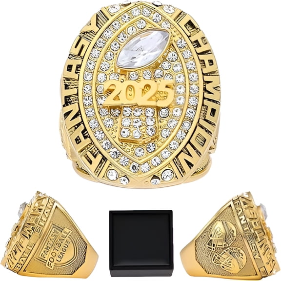 DESIGNICE Fantasy Football Championship Ring, Gold Plated League Winner Trophy Award with Cubic Zirconia, Commemorative Gift