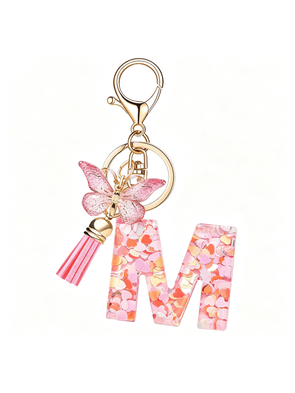 Fashion Alphabet Initial Letter Keychain Tassel Butterfly Pendant Key Ring for Purse Handbags Women Girl Unique M Keychain