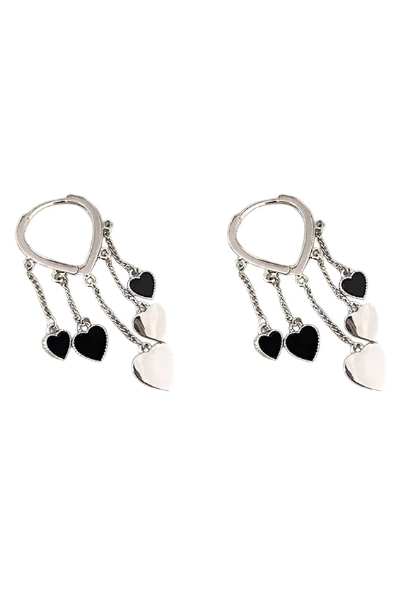 Fashion Black Heart Tassel Stud Earrings Hoop Drop Dangle Women Party Jewelry Black Earrings for Women Black Hoop Earrings - Silver