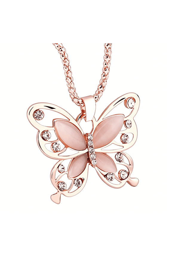 Fashion Womens Lady Rose Gold Opal Butterfly Pendant Necklace Sweater Chain Hot