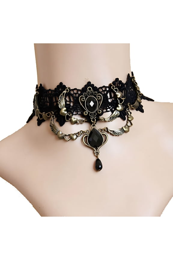 Faux Gem Black Lace Ring Bracelet Women Gothic Punk Style Necklace Bracelet Jewelry Accessory