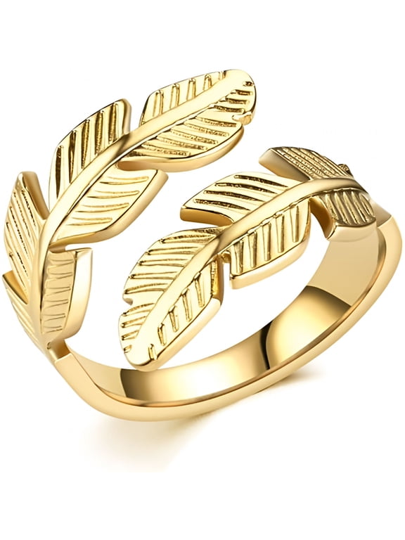 Feather Stainless Steel Statement Rings Angel Wings Leaves Wrap Open Adjustable Finger Engagement Couple Ring for Women Men Cocktail Party Jewelry Fashion Gifts for Birthday Christmas