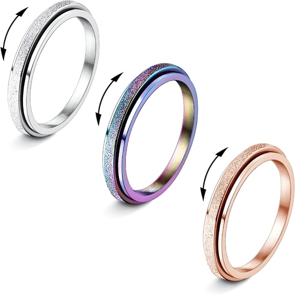 DESIGNICE Fidget Rings for Women Men - 2mm Titanium Steel Spinner Ring for Anxiety Stress Relief Glitter Sandblast Spinning Fidget Anxiety Jewelry for Women Gifts