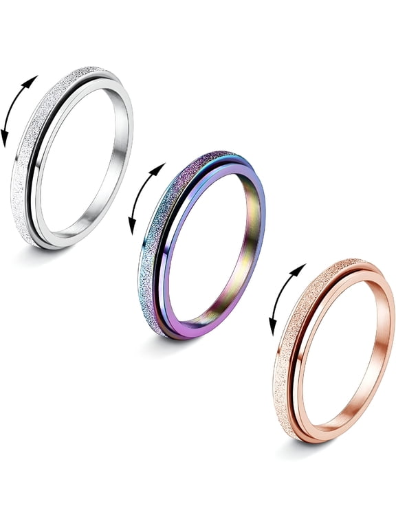 Fidget Rings for Women Men -2mm Titanium Steel Spinner Ring for Anxiety Stress Relief Glitter Sandblast Spinning Figit Anxiety Jewelry for Women Gifts
