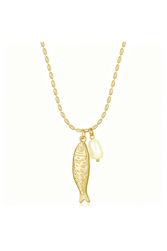 Fish Pendant Necklace for Women 14K Gold Plated Ball Chain Bohemian Pearl Fish Charm Pendant Necklace for Beach Summer