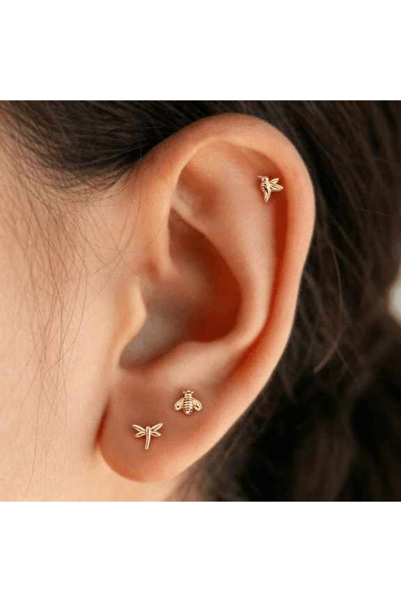Flat Back Earrings-6Pcs 14K Gold/ White Gold Plated Tiny Cubic Zirconia Cz Diamond/ Bee Hummingbird Dragonfly/Heart/Cross Flat Back Stud Earrings for Women Cartilage Flatback Ear Stack